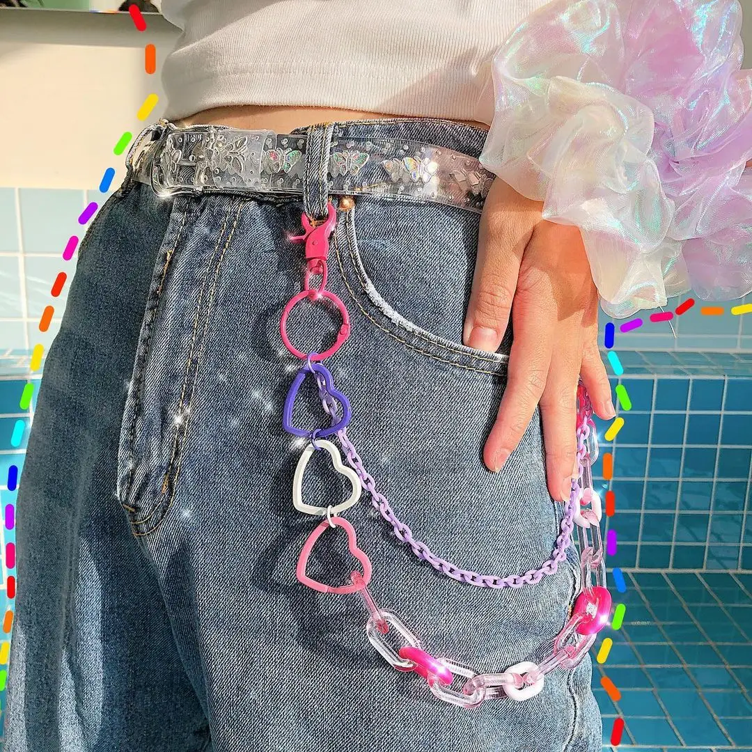 Key Chains Pants Chain Key Chain Accessories Hip Hop Rainbow Resin Chain Keychain Men Women Cute Waist Multicolor Acrylic Flower Trousers Punk Jewelry