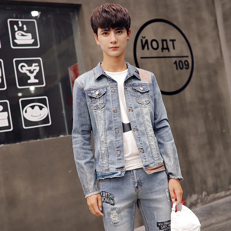 

2018 Spring And Autumn with Holes Jeans Coat Men Elasticity Slim Fit Korean-style Trend Handsome Youth Loose-Fit a Set