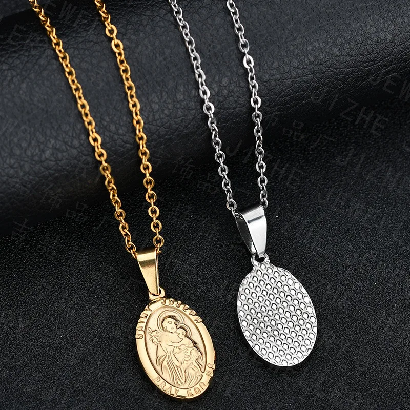 

Europe And America Accessories Retro Cool Oufan Blessed Virgin Mary Ellipse Relief Pendant Necklace Christianity Accessories
