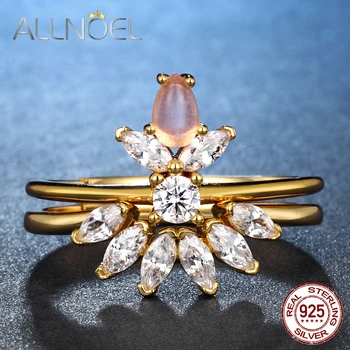

ALLNOEL 925 Sterling Silver Stacking Rings 9K Gold Plated Natural Rose Quartz 5A Zircon Gemstones Wedding Stackable Ring Set