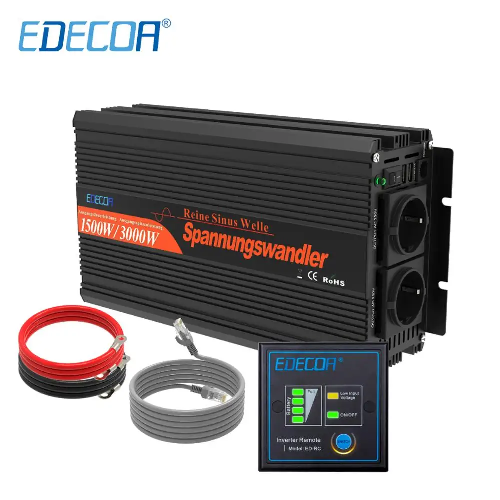 EDECOA инвертор мощности 12V 220V 1500W чистая Синусоидальная волна для AC 230V выключается с