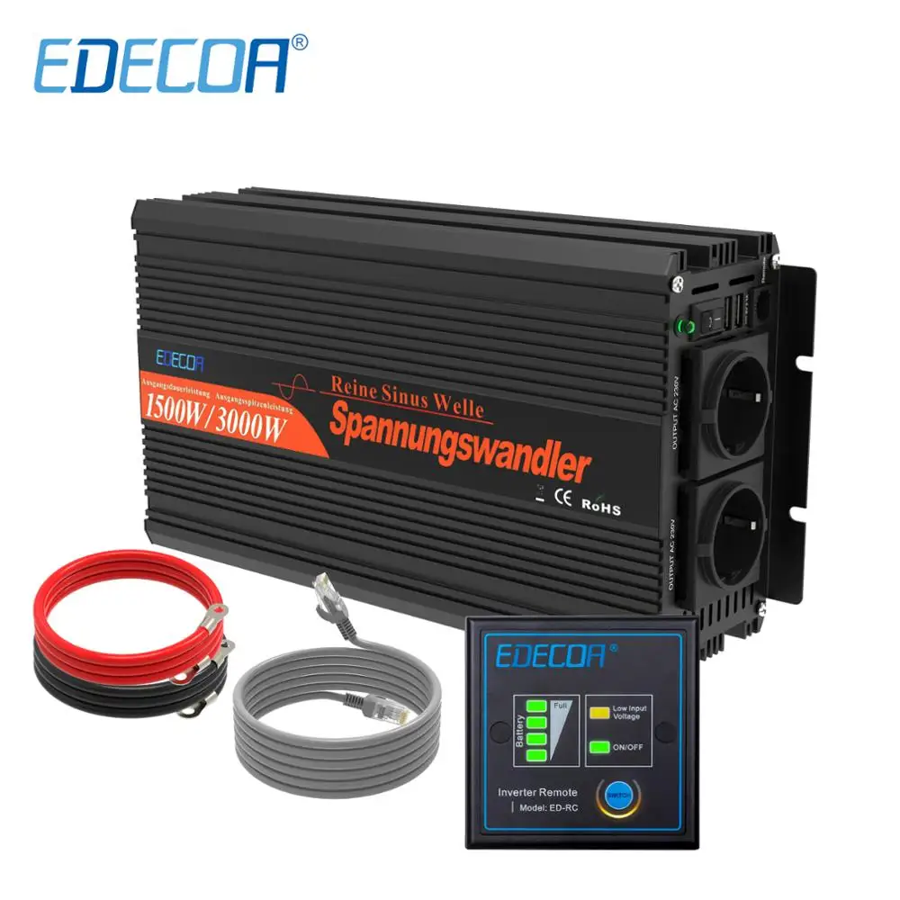 EDECOA power inverter 12V 220V 1500W pure sine wave 12V to AC 220V 230V off grid converter with remote control