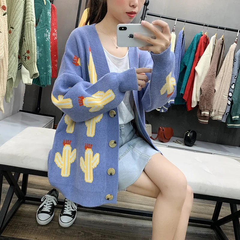 light blue Мода кактус растительный узор кардиган для женщин однобортный длинный рукав свободные трикотажные Пальто Повседневное элегантное манто Femme Hiver - Цвет: light blue