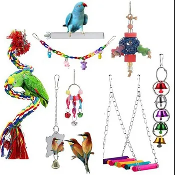 

8pcs Bird Swing Blocks Cotton Rope Chew Wooden Bird Toys For Parrots Hanging Bridge String With Bells Swing Colorful Parrot Toys