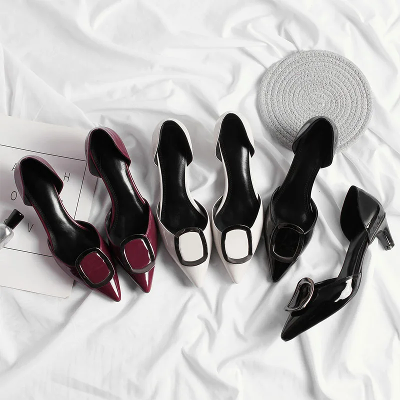 

2019 Spring Summer New Style Leather Shoes Women's Pointed Toe Pumps Kitten Heel Sandals Versatile Rome Cowhide Shoe