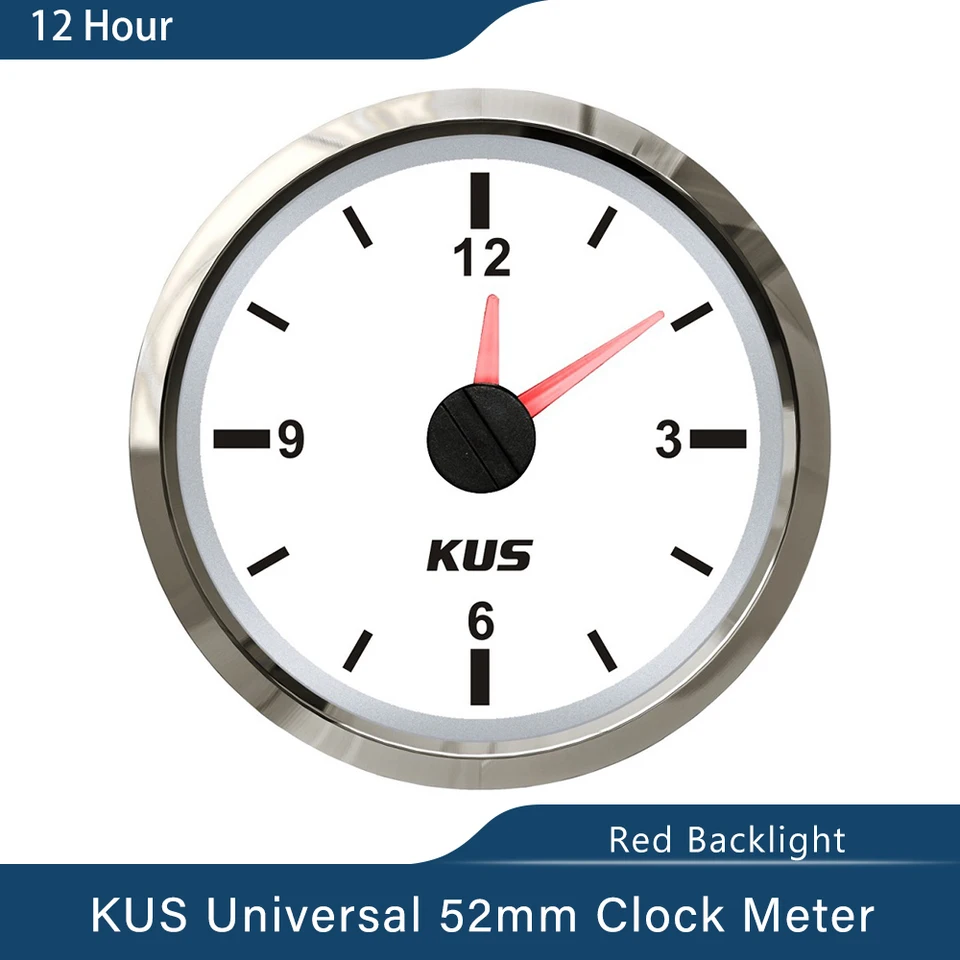 Car Dashboard Clock,2in Universal 0?12 Hourmeter Clock Instrument Panel Gauges Display Red Backlight 12V/24V replacement for Car Boat Yacht(White Dial Silver Frame