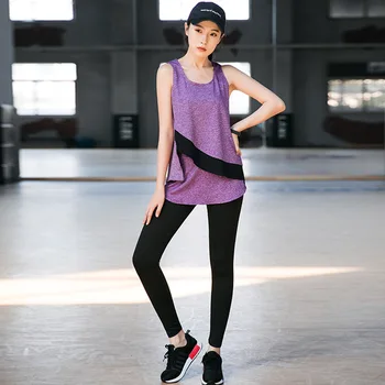

Women's Solid Yoga Set Sport Vest+Fake Two-piece Pants Sportswear Breathable Gym Running Dance Fitness Clothing 2019 Sports Suit