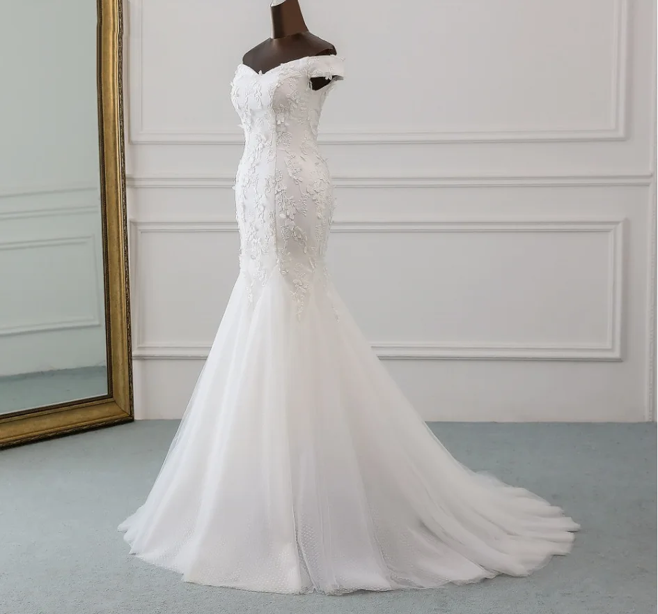Сексуальная Апликация из белой слоновой кости с плеча свадебное платье-русалка полная длина кружевное свадебное платье обратно формальный случай на заказ
