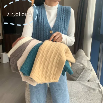 

Loose V-Neck Twist Knitted Sweater Vest Women Solid Color Single-Breasted Simple Knitwear Sweater Vest Female Fall Winter