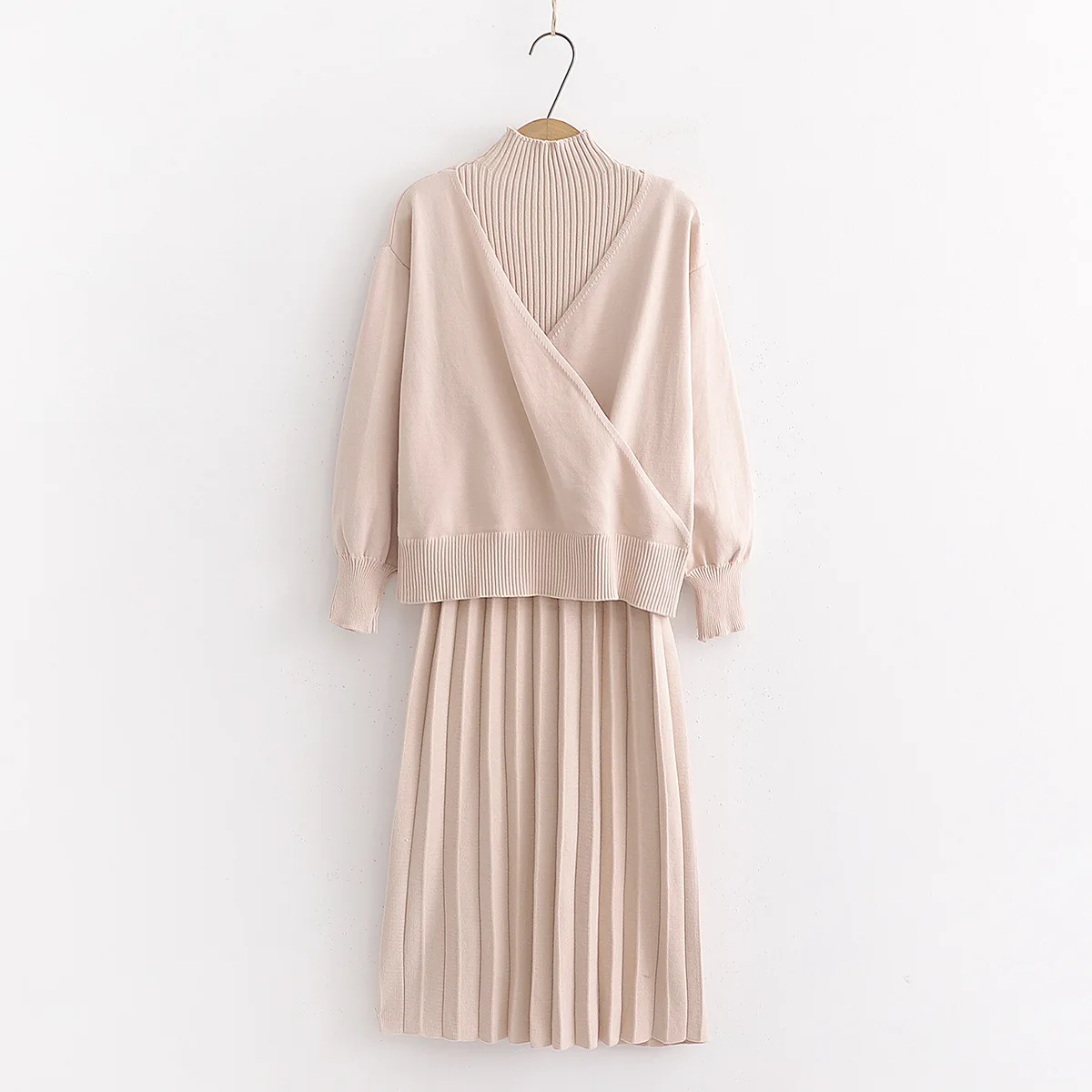 

Korean-style Autumn New Style Small High Collar Pullover Knitted Ultra-stretch Sleeveless Pleated Dress Two-Piece Set S28176