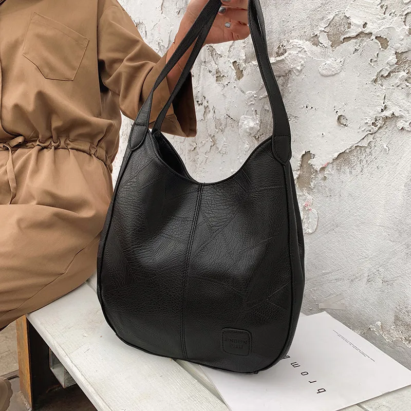 

Vintage Women Hobos Bags Female Shoulder Bag Patchwork Soft Black Leather Casual Ladies Totes Bag Sac Daily Convenient Handbags