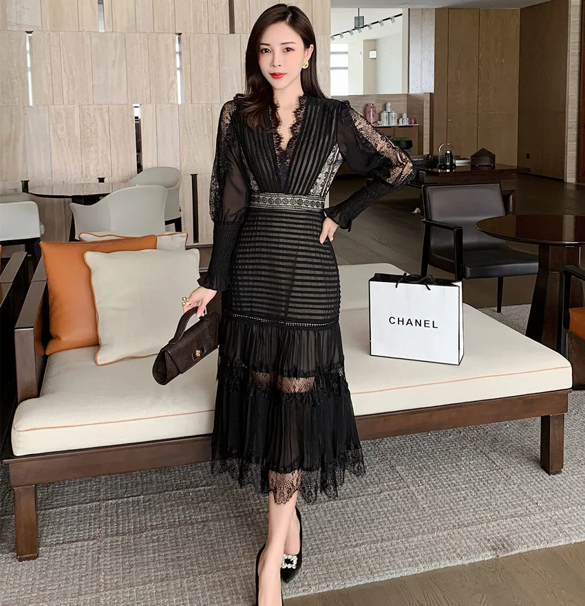 JSXDHK 2023 New Runway Designer Women Black Long Dress Elegant Spring  Chiffon Patchwork Lace V Neck Lantern Sleeve Pleated Dress