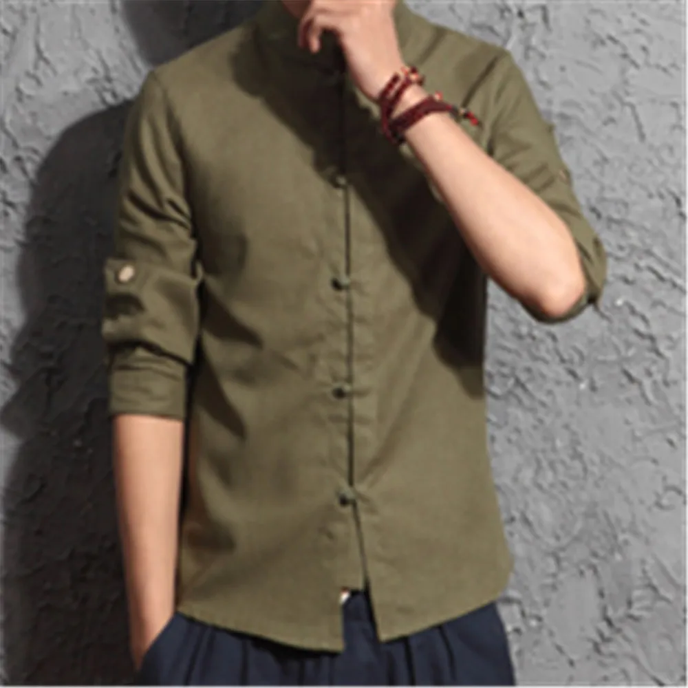 Мужская однотонная льняная рубашка со стоячим воротником - Цвет: Army green