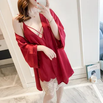 

Nightgown Sets Womens 2pcs Robe Suit Spring Lace Sleepwear Wear Pajamas Sexy Strap Nightwear Sleep Kimono Bath Gown Homewear