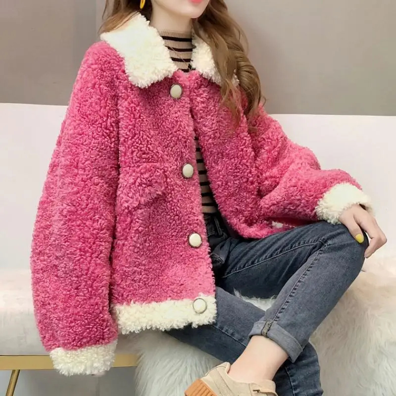 rose red Женские плюшевые пальто из овечьей шерсти Осень-зима, Женская Толстая теплая верхняя одежда, куртки из искусственного меха, женские повседневные короткие пальто H151 - Цвет: rose red