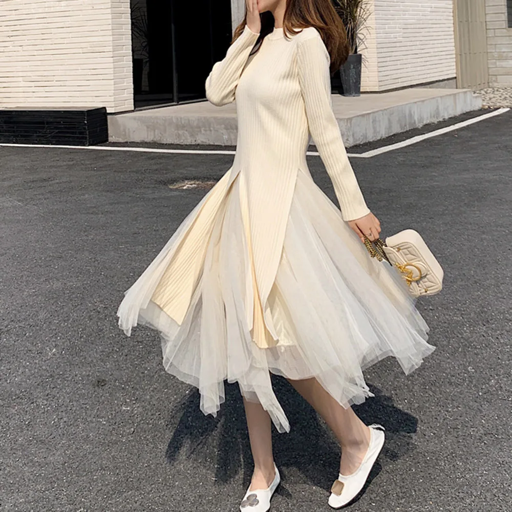 

2020 Autumn Korean Style Mesh Patchwork Knitted Dress Sweater Korean Style Girls Swing Asymmetric Split Dress Solid Color Robe