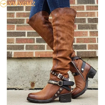 

BLWBYL 2020 Women Winter Leather Punk style knee boots Vintage stud zip Women's boots with belt buckle Plus Size shoes