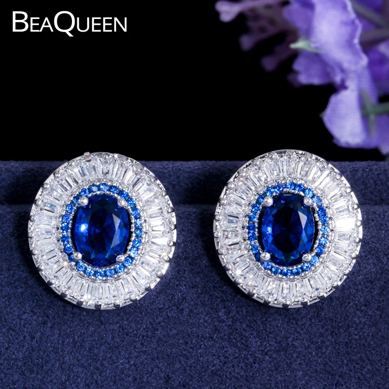Женские серьги гвоздики с инкрустированными фианитами BeaQueen большие круглые