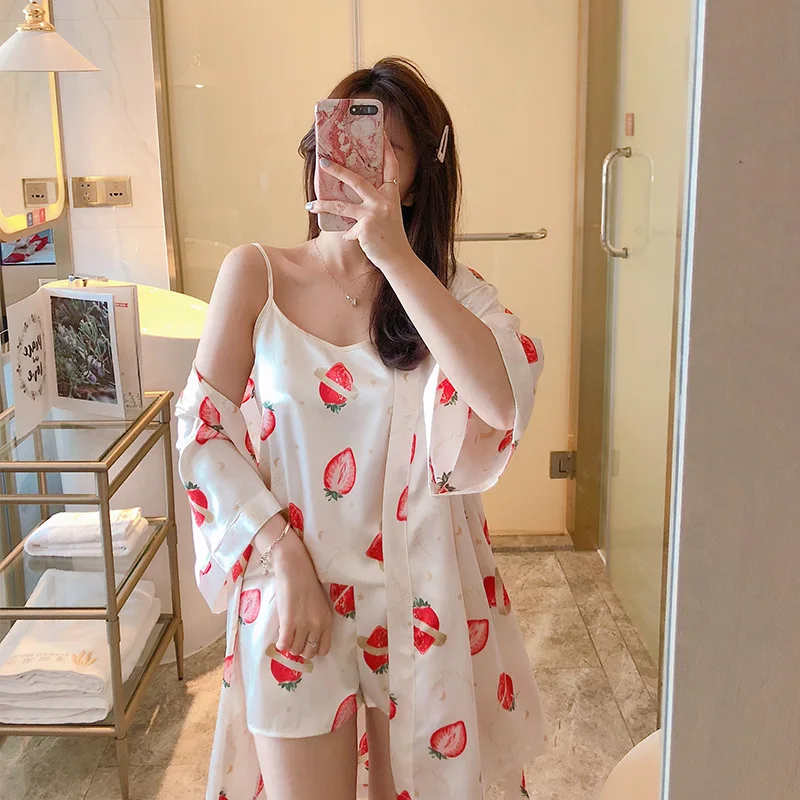 

Viscose Pajamas Women's Summer Suspender Shorts Robe Three-piece Set Imitated Silk Fabric Wechat Business Hot Selling Silk Sexy