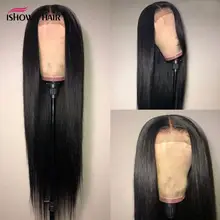 4x4 кружева закрытие парик бразильский Синтетические волосы на кружеве человеческих волос парики предварительно вырезанные с детскими волосами Ishow Рэми прямые Синтетические волосы на кружеве парик