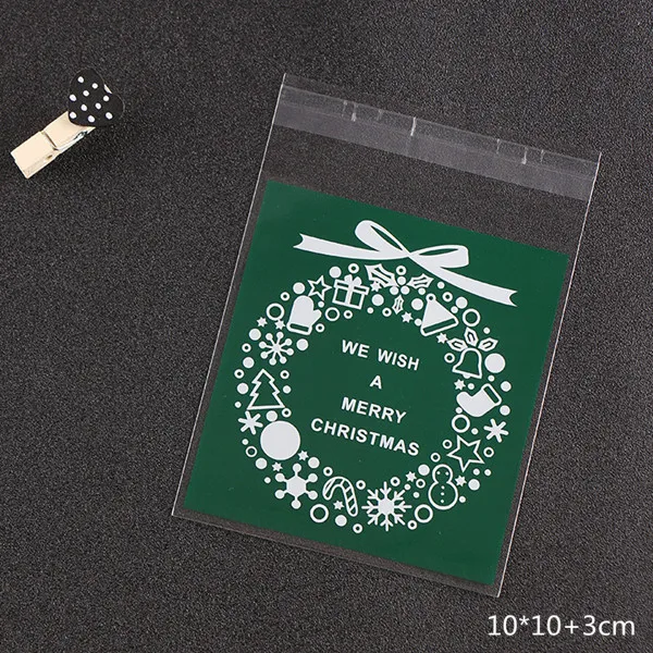 Green 10x10cm 100 шт рождественские принадлежности Самоклеющиеся пластиковые подарочные пакеты DIY для выпечки печенья конфеты печенье прозрачные упаковочные пакетики Органайзер сумки - Цвет: Green 10x10cm