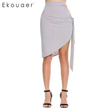 

Ekouaer Sexy Skirts Summer Women Fashion Solid Zipper Side Tie Asymmetric Hole Skirts 4 Colors S-XXL Sizes