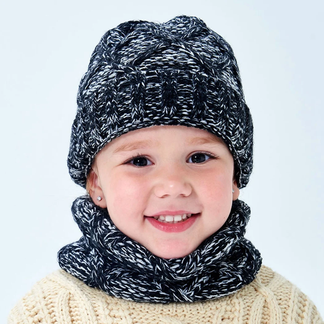 Зимняя теплая шапка для малышей, комплект с шарфом, теплые флисовые Вязанные Трикотажные Шапочки для малышей, детские шапки Скалли, Лыжная шапочка для мальчиков и девочек - Цвет: Black