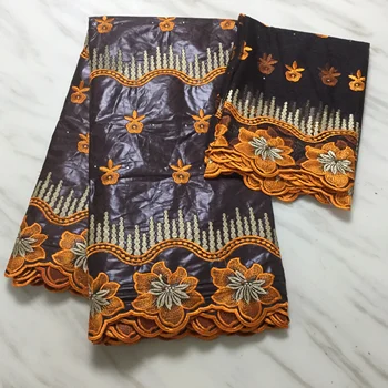 

New brown gold coffee embroidered bazin riche getzner with tulle lace fabric African Bazin fabric 7 yards for women dress