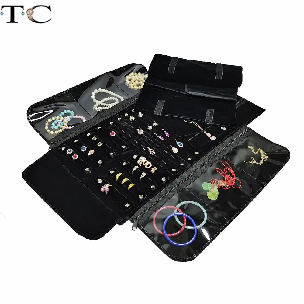 Elegant Black Velvet Jewelry Organizer Roll Travel Zipper Bag Case For Necklace Ring Earrings
