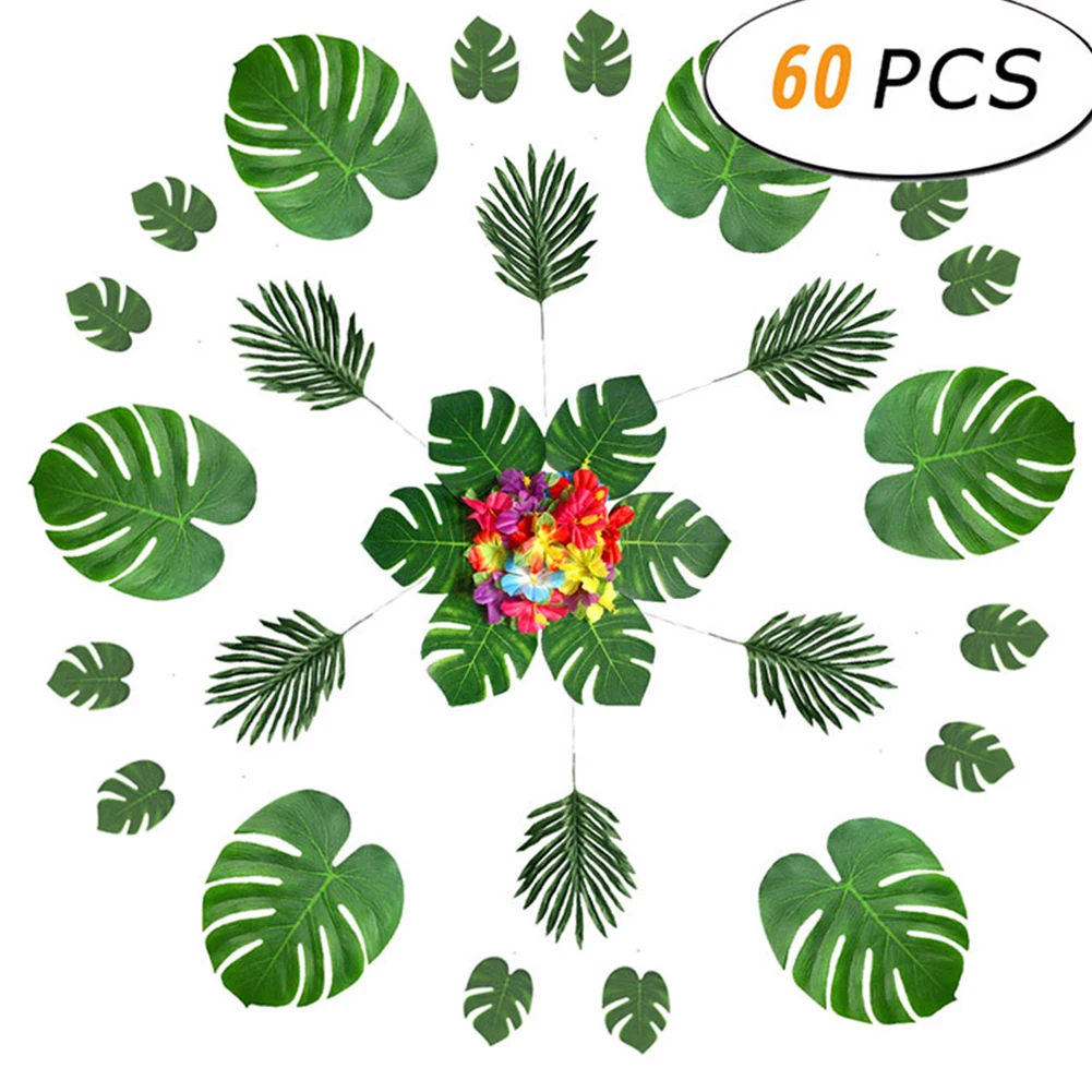 

60pcs Party Hibiscus Flower Accessories Reusable Turtle Leaf Tropical Home Artificial Plant Set DIY Restaurant Garden Durable