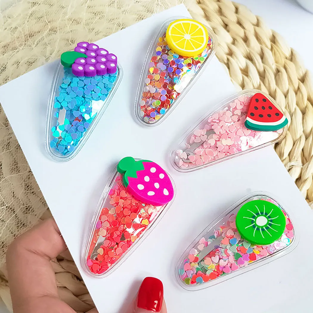 5PCS Girls Colorful Quicksand Transparent Fruit Pattern Snap Hair Clip Fashion Cartoon Confetti Pin Barrette |