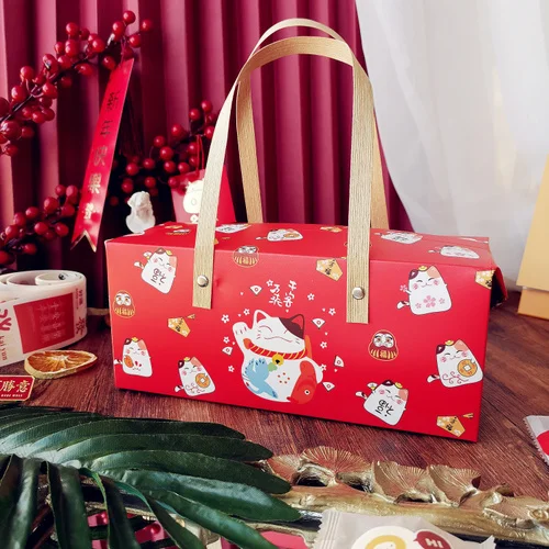 10PCS Happy lucky Cat Portable Paper Box Baking Tea Box Red Leather Handle box Wedding birthday gift holiday packaging Handbag 24.5X9.5X10.5cm