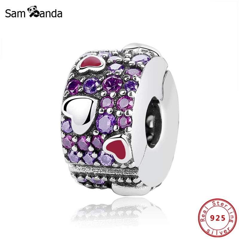 Подходит для браслета Pandora, 925 пробы, серебряные подвески, сердце, клипса, бусины, хрустальные ювелирные изделия, ювелирные изделия на День святого Валентина