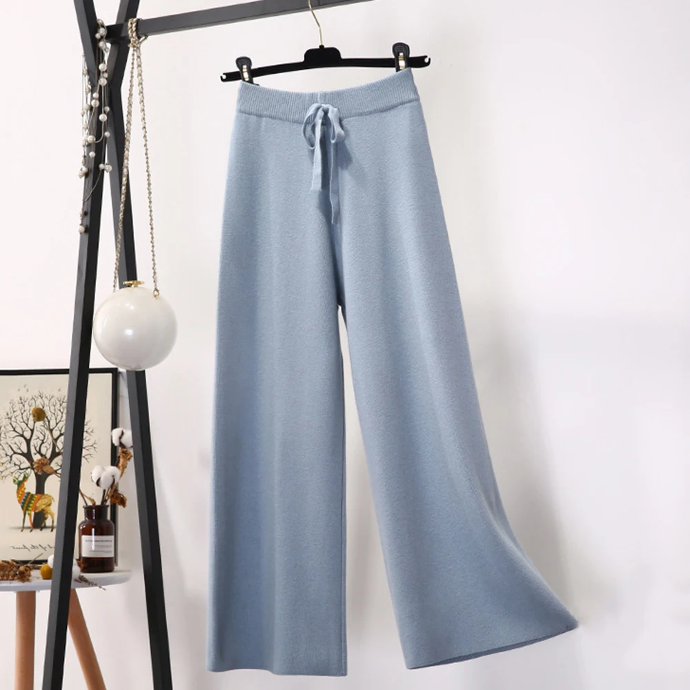 Повседневные трикотажные брюки с высокой талией, Модные расклешенные Pantalon, женские офисные женские брюки, женские трикотажные брюки с завязками, широкие брюки