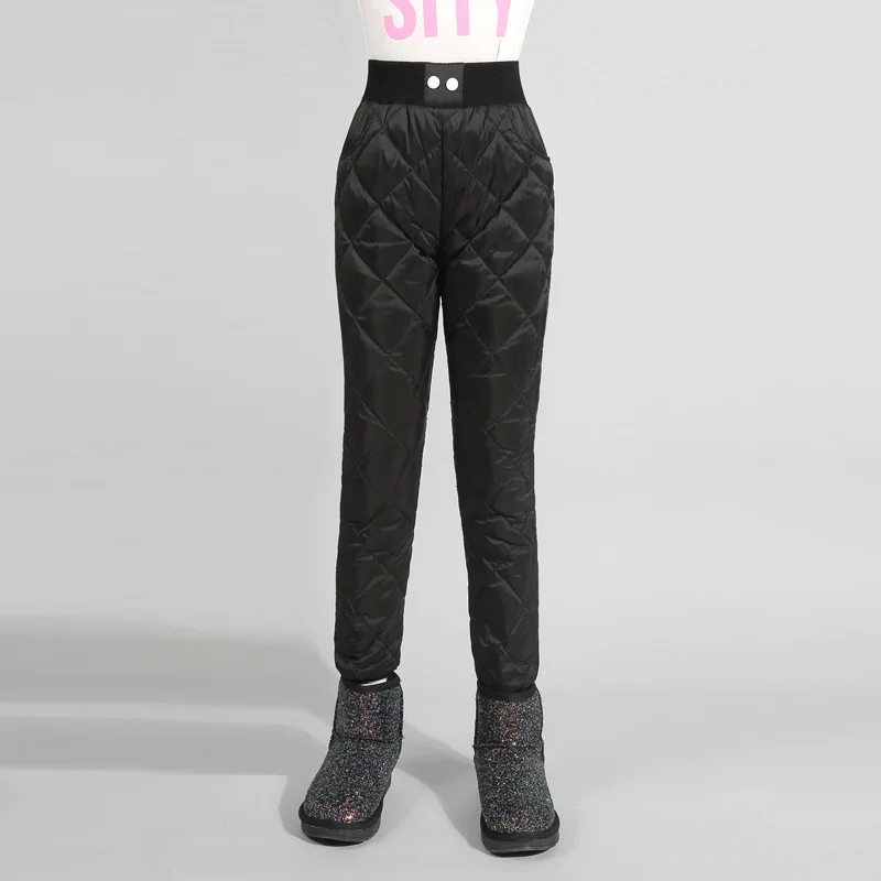 Зимние Пуховые штаны высокого качества для девочек; однотонные плотные теплые брюки; модные брюки на белом утином пуху; ветрозащитная одежда для От 3 до 16 лет - Цвет: Black