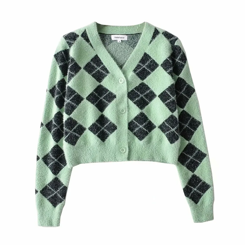 Cropped Cardigan Thu Argyle Áo Len Dệt 