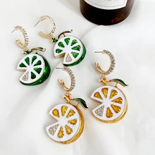 Серьги-гвоздики с лимонами, Модные металлические серьги с фруктами для женщин, желтые/зеленые милые вечерние серьги с кристаллами для девочек