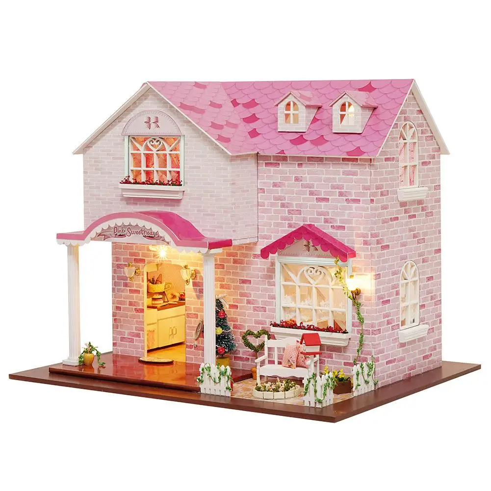 

DIY Dollhouse Three-dimensional Assembly Attic Miniature Pink House With Music Movement For Holiday Birthday Gifts