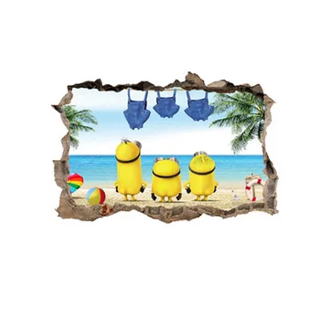 

HOT Lovely Minions Sea Beach 3d Broken Hole Wall Stickers For Kids Room Decoration Mural Art Anime Movie Posters Diy Home Decals