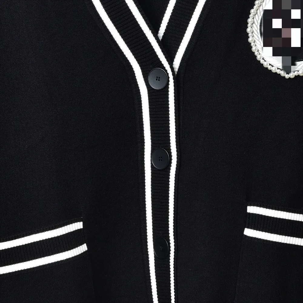 Women Sweater Autumn and Winter New Black and White Contrast Color Striped Knit Inlaid Pearl Cardigan Coat