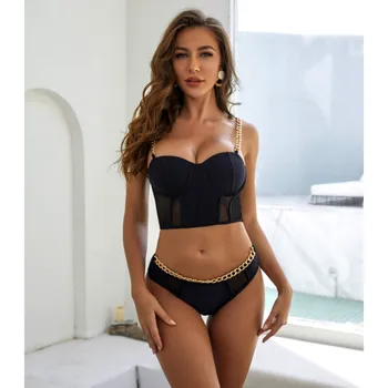

Summer 2pcs Sexy Swim suit Bikini 2020 Women Solid Color Push Up Set Swimwear High Waist Chain Strap Bikinis Set swim wear