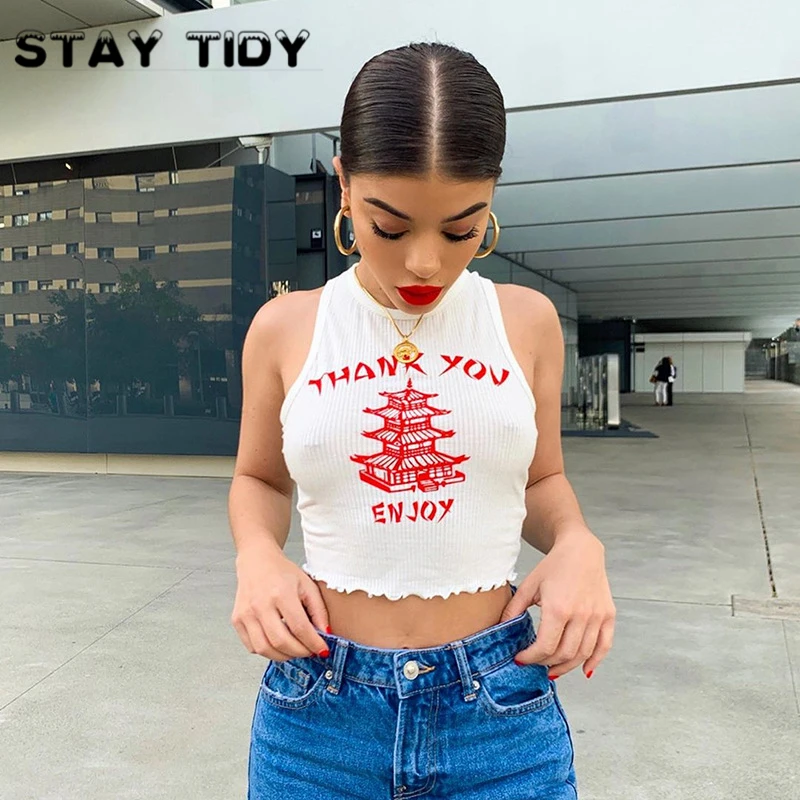 STAY TIDY White knitted Letter Print O Neck Sleeveless Crop Top Summer Women Fashion Skinny Tank Tops Female Streetwear Club | Женская