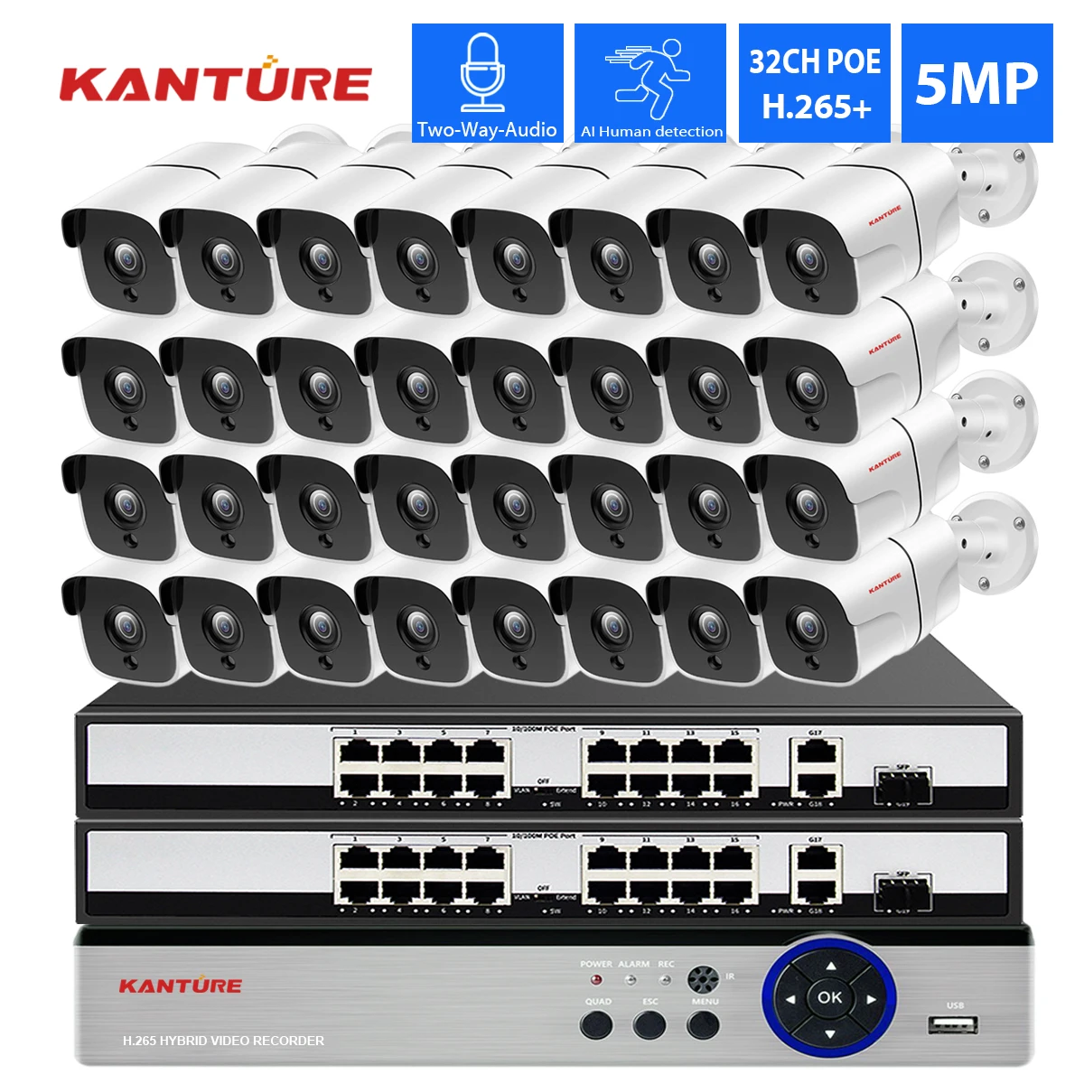 

Система видеонаблюдения KANTURE H.265 +, 32 канала, 5 Мп, POE