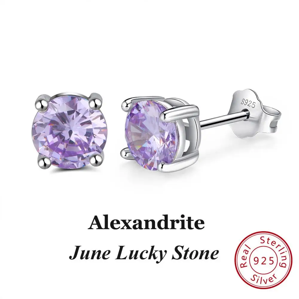 Jun-Alexandrite Effie queen 925 пробы серебряные серьги с камнем рождения для женщин AAA кубический циркон 12 цветов серьги-гвоздики модные ювелирные изделия для девочек BE84 - Цвет камня: Jun-Alexandrite