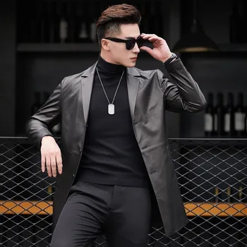 

4XL High Quality Real Leather Business Jacket Men Slim Sheepskin Coat Man Thicken Single-Breasted Mens Long Leather Trench Coat