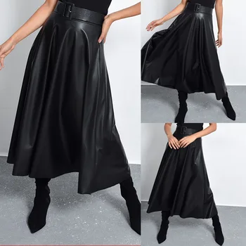 

2020 Spring Autumn Women's High Waist with Belt PU Skirt Women's Leather Skirt Black Skirts