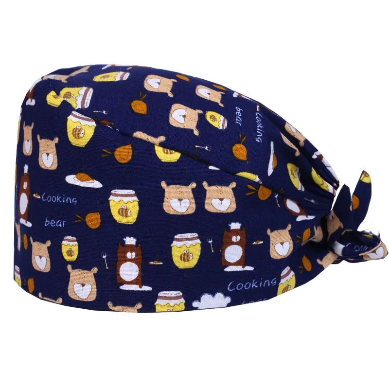 Синий Bear Honey Pattern Veterinarian Medical Scrub Hats Surgical Caps for Women and Men Nurse Doctor Work Skull Caps Cotton Hat - Цвет: Синий