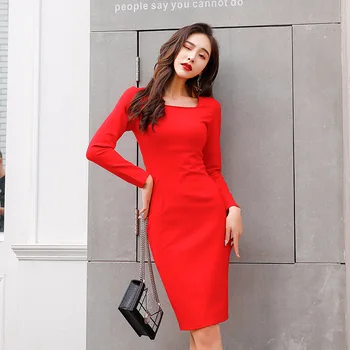

2020 Women Long Sleeve Square Collar Elegant Dresses Vintage Bandage Dress Spring Sexy Party Bodycon Pencil Office Dresses