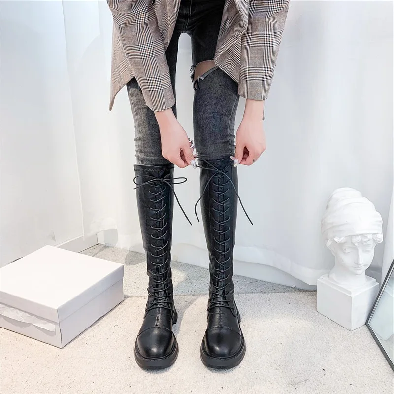 

Shoe Women's 2019 Trendy Shoes Martin England qiu dong xue Women's New Style Wind Knee-High Boots Solid Color Biker Boots Hose A