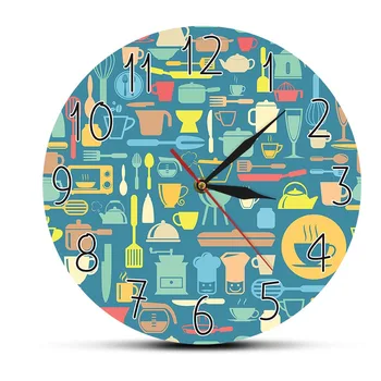 

Modern Art Prints Kitchen Wall Clock Kitchen Utensils Inspired Cook Silent Non Ticking Clock Wall Watch Dinning Room Timepieces